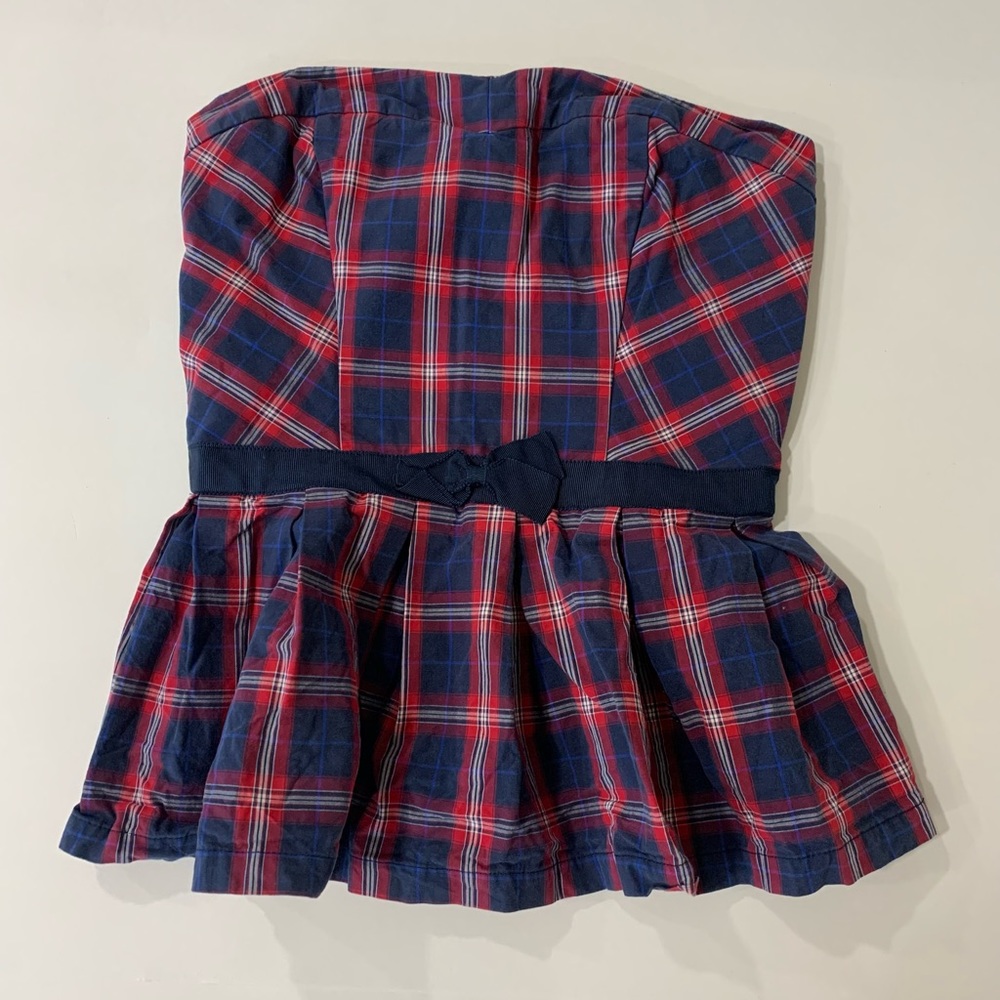 Abercrombie & Fitch Navy and Red Plaid Strapless Peplum Top